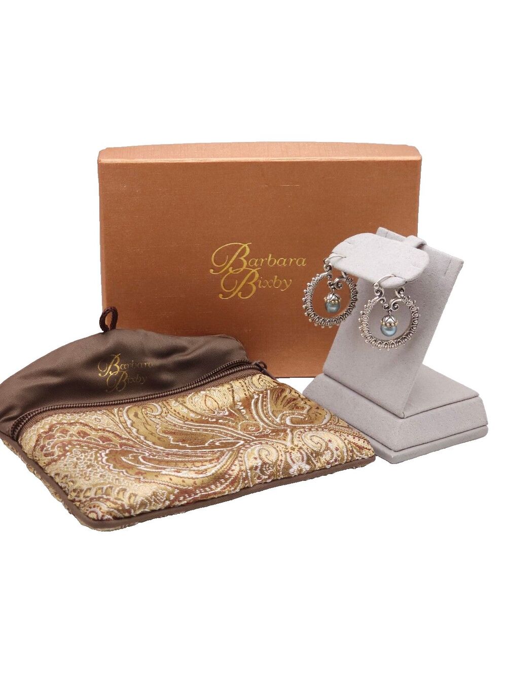 Barbara Bixby 925 Sterling Silver 18K Gold Pearl Dangle Earrings Box Pouch